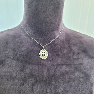 VTG Silver Color Cross Necklace Vintage Art Deco Jerusalem Oval Rhinestone Gift